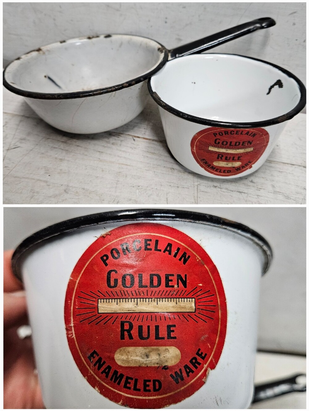 2 Vintage Porcelain Enamel Ware Collectibles Small Pan & Bowl Rustic Farmhouse